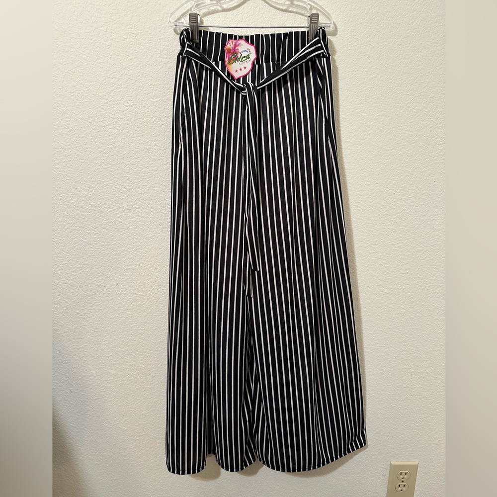 SIDRA Wide Leg Trouser Pants With Waist Tie & Black/White Stripes NWT